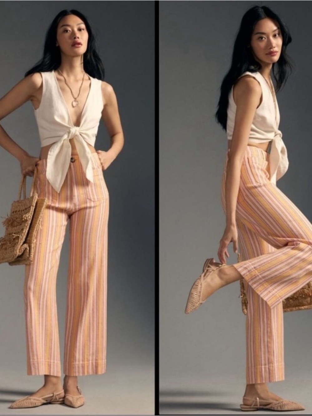 Anthropologie Colette Striped Crop Wide-Leg Linen Cotton Pants Pink Orange Cream